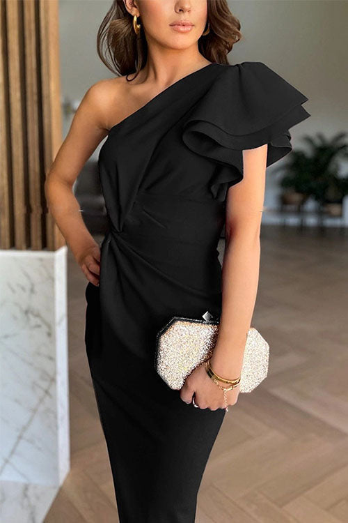 Caz - Off-shoulder Ruffle Sleeve Slit Midi Dress