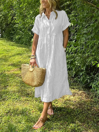 Marina™ Elegant Striped Maxi Shirt Dress with Pockets