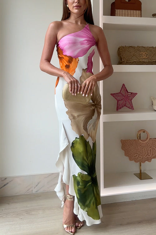 Ivy - One Shoulder Side Draped Ruffle Slit Floral Print Maxi Dress