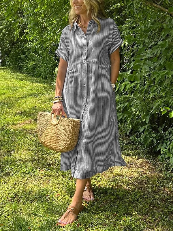 Marina™ Elegant Striped Maxi Shirt Dress with Pockets