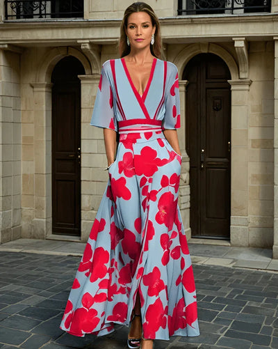 Elisa - Elegant Wrap Maxi Dress with Flowers