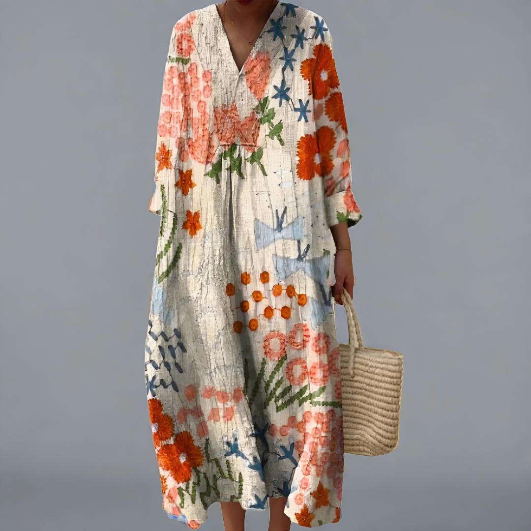 Talia – Botanical Print Cotton Midi Dress for Women