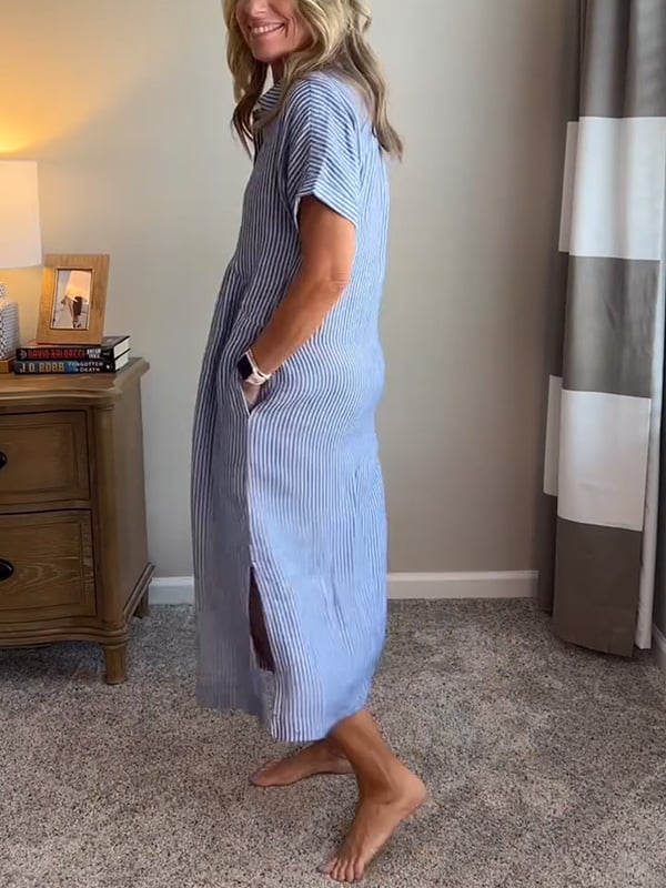 Marina™ Elegant Striped Maxi Shirt Dress with Pockets