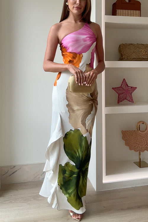 Ivy - One Shoulder Side Draped Ruffle Slit Floral Print Maxi Dress
