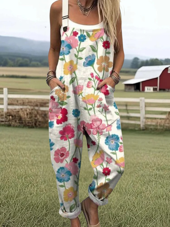 Tilly - Women's jumpsuit with vintage flowers and art prints