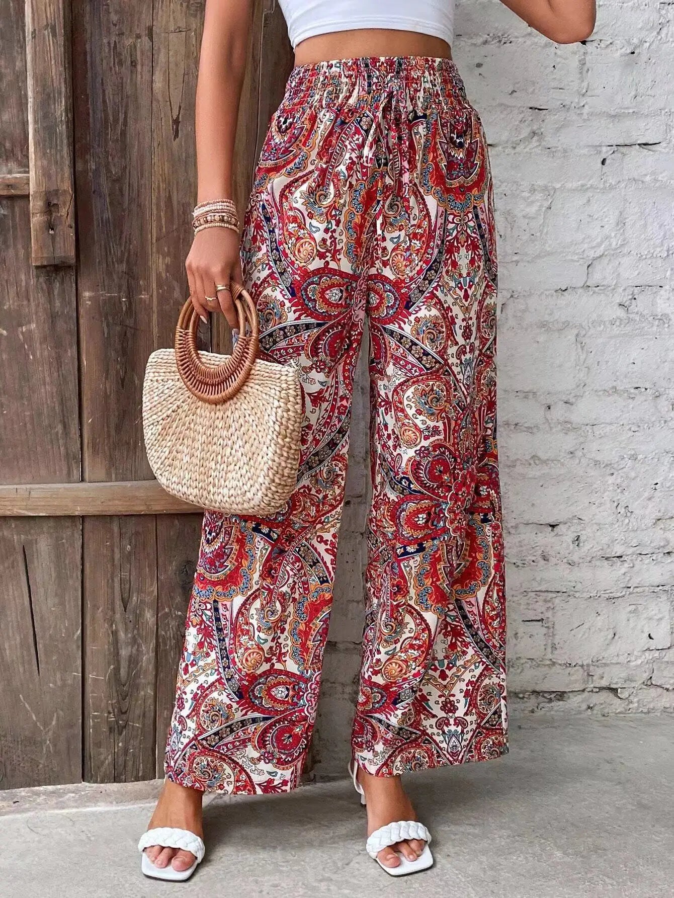 Olivia - Vintage Printed Wide-leg Pants