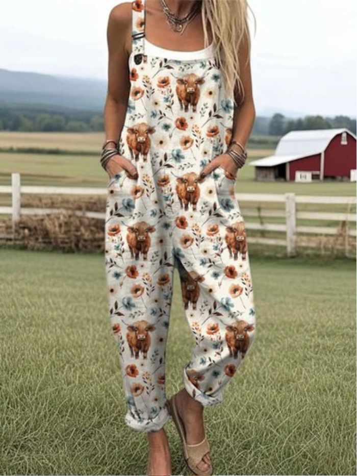 Harper - Women's jumpsuit with Highland Cow print and wide legs