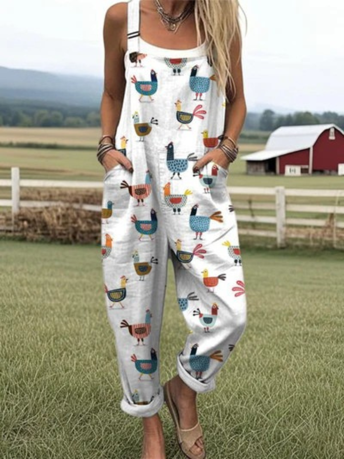 Sadie - Women's relaxed wide leg jumpsuit with fun farmyard chicken pattern