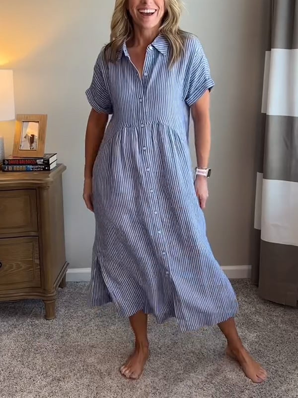 Marina™ Elegant Striped Maxi Shirt Dress with Pockets